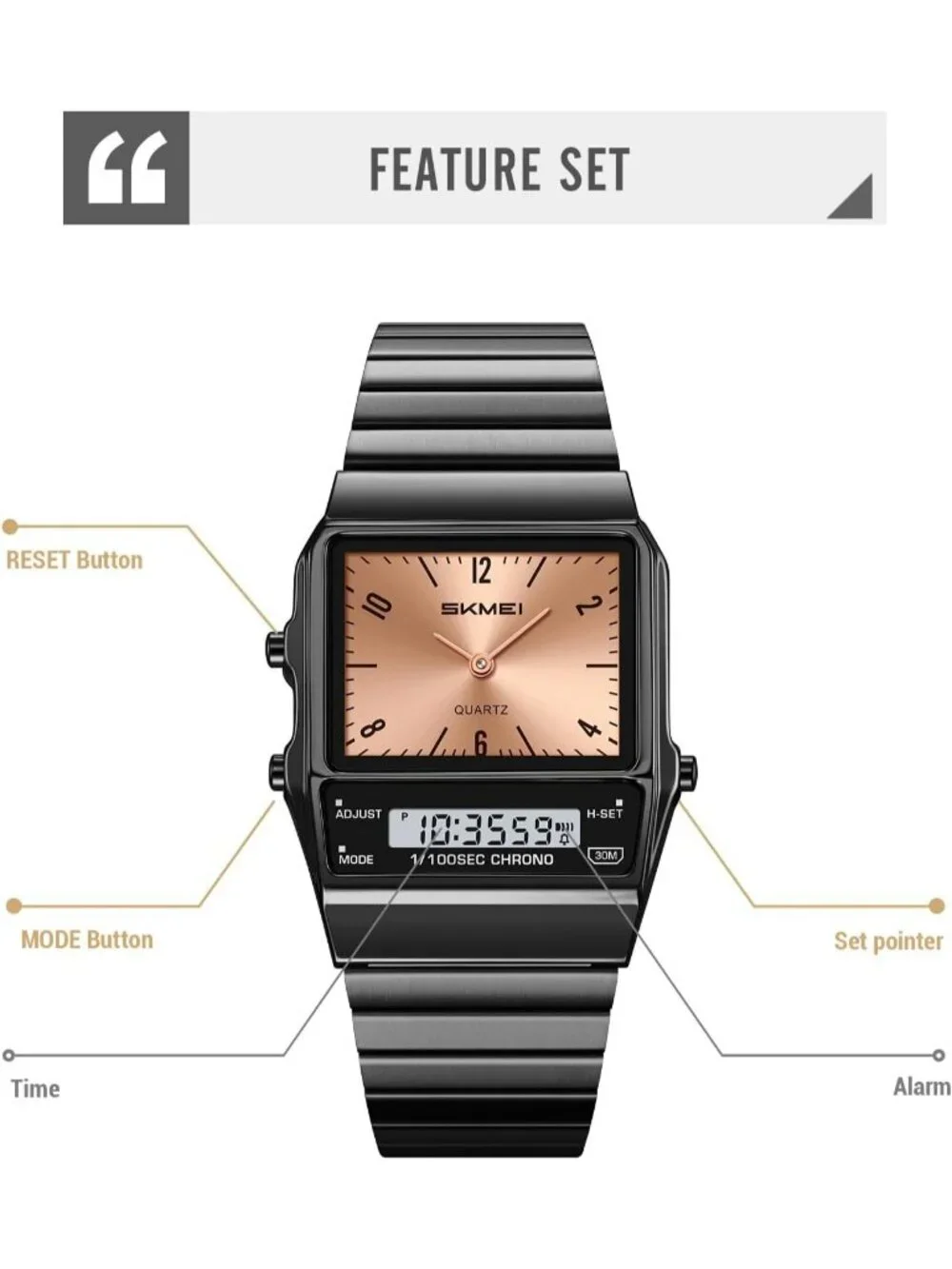 Unisex Silver Digital Analog Retro Square Stainless Steel Stopwatch Wrist Watch